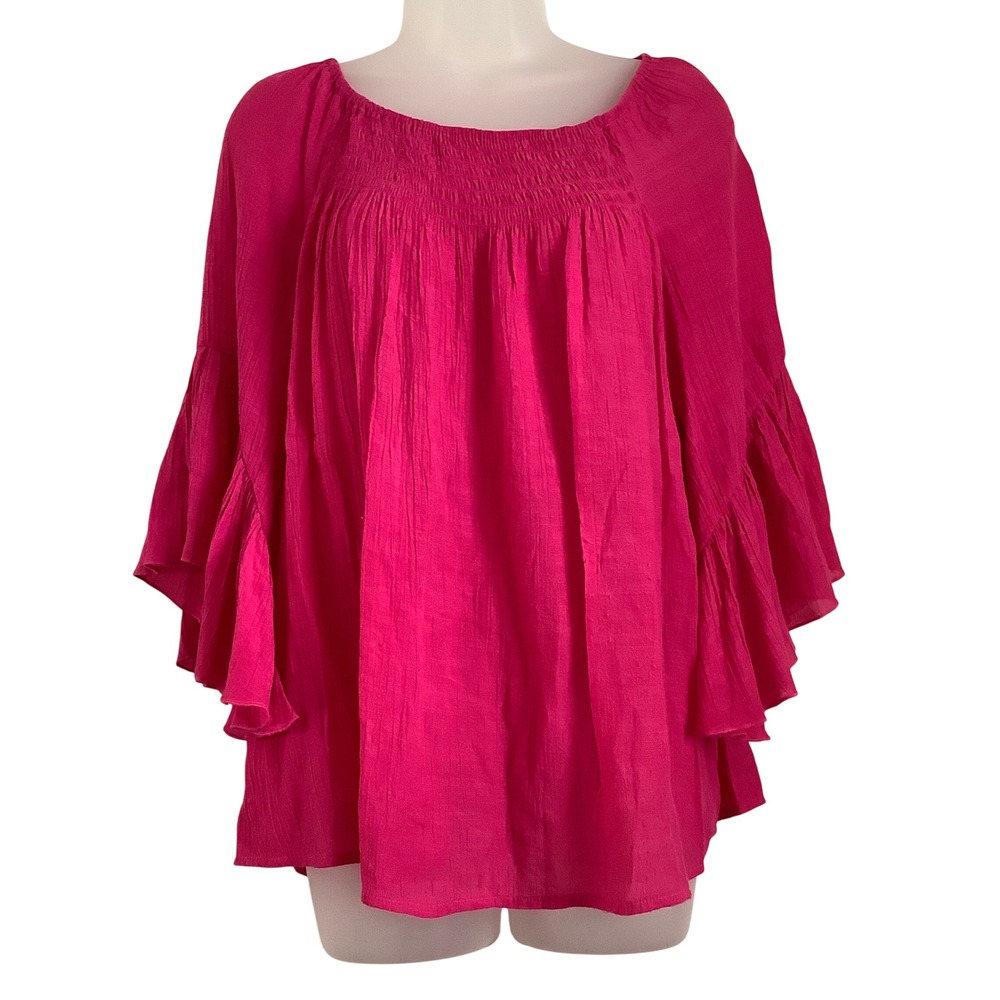 Chico's Pink Smocked Square Neck Ruffle Bell‎ Sleeve Blouse Top Size 1 Medium